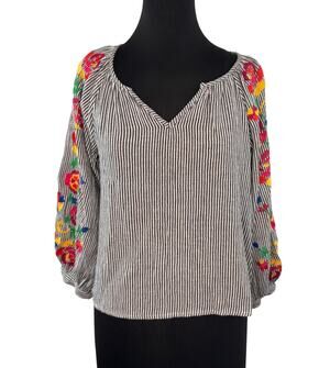 Floreat Black White Crop Blouse Cotton Striped Floral Embroidered Size Medium M